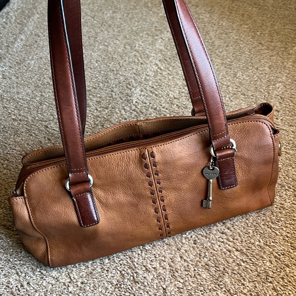 FOSSIL Taupe Brown Soft Pebble Stitched Leather Double Straps Shoulder Bag Purse